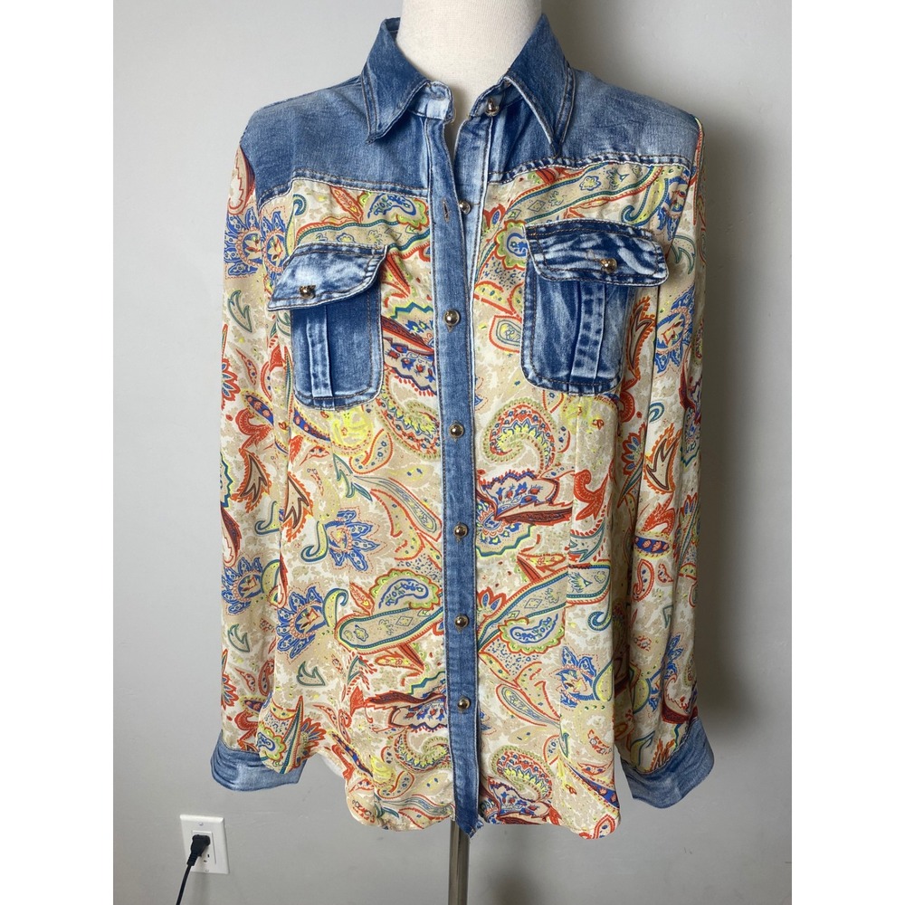 Vintage 90's Denim Sheer Paisley long Sleeved Shirt Boho‎ S